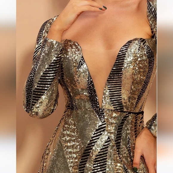 Gold and Bronze, Long Sleeve, Sweetheart Neck, Contrast Sequined and Mesh Gown - Picture 11 of 14